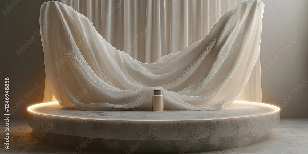 Poster modern minimalist display featuring draped fabric and soft lighting in a serene indoor setting