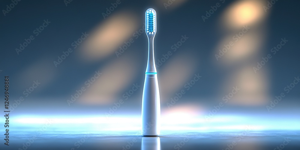 Poster high-tech electric toothbrush displayed on a reflective surface with subtle light highlights in a mo