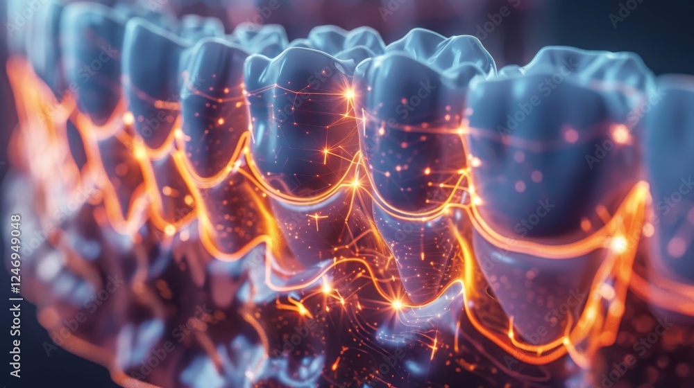 Poster glowing dental structures displayed with vibrant lines and sparks emphasizing the importance of oral