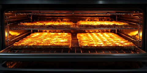 Freshly baked pastries golden brown in a modern oven during the early evening