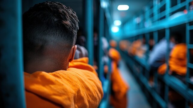 This poignant image sheds light on the somber reality of prison life, capturing an individual in an orange jumpsuit, surrounded by fellow inmates against a stark backdrop of confinement.