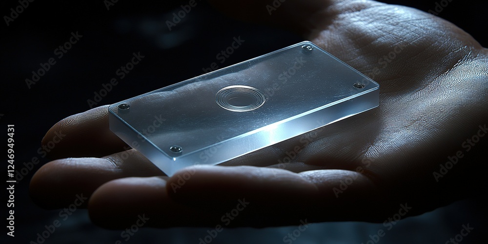 Poster hand holding a sleek transparent item with a circular design illuminated by soft light in a dark set