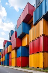 Fototapeta premium Stacked colorful shipping containers against blue sky