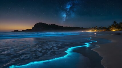 Fototapeta premium A moonlit beach where glowing blue bioluminescent waves crash gently onto the shore, illuminating the wet sand with an ethereal neon glow