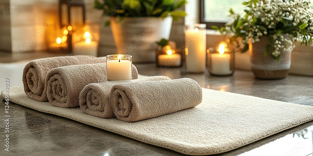 Poster soft towels and candles create a calming atmosphere in a cozy bathroom setting during evening hours