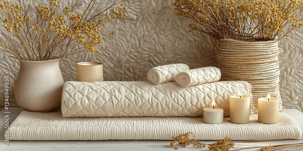 Poster soft neutral textiles and decorative elements arranged on a wooden surface in a calm, serene setting