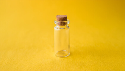 Clear small glass bottle with cork stopper. Isolated on yellow backdrop.