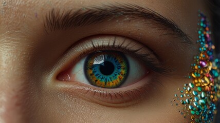 Fototapeta premium Close-Up of a Human Eye with Colorful Iris and Decorative Beads on Skin
