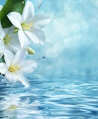 Fototapeta premium Elegant White Lilies on Blue Water Background with Splashing Droplets : Generative AI