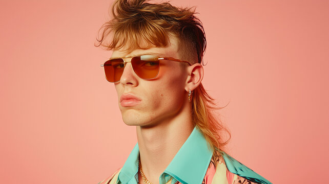 confident young man with a retro mullet, wearing orange-tinted aviator sunglasses and a patterned shirt, striking a bold pose against a soft pink background
