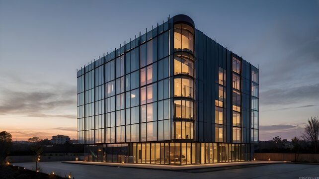 A detailed image of a contemporary building with sleek lines and glass facades, set against a twilight sky, exemplifying modern architectural design - Powered by Adobe