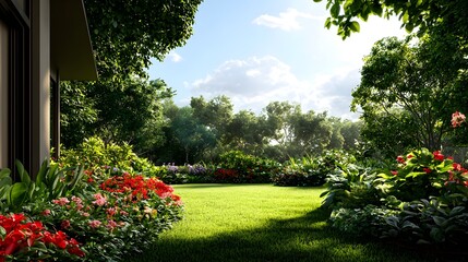 Fototapeta premium Lush Garden with Red Flowers and Green Grass