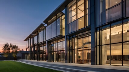 Obraz premium A detailed image of a contemporary building with sleek lines and glass facades, set against a twilight sky, exemplifying modern architectural design