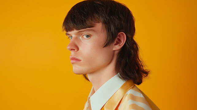 Close up side portrait of man with mullet haircut and vintage look