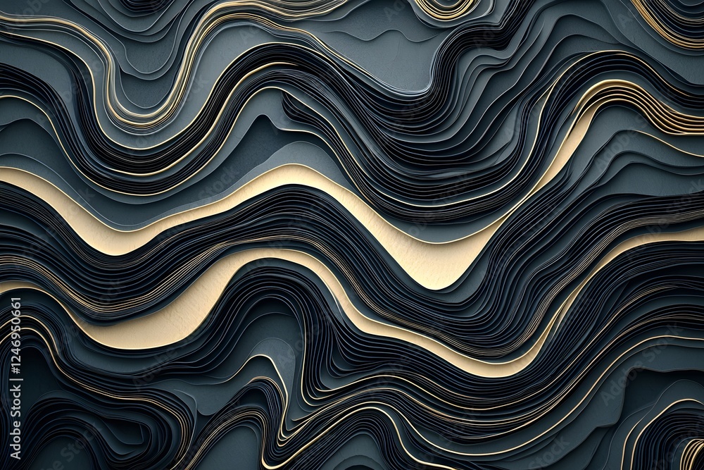 Poster abstract liquid gold: swirling layers of deep blues and blacks punctuated by shimmering gold lines c