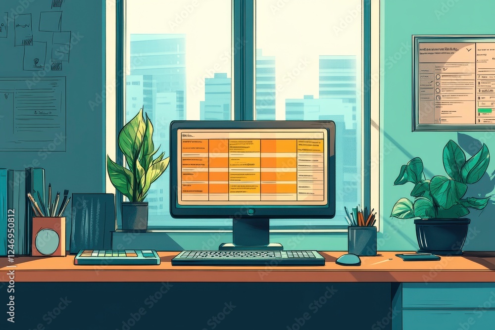 Aufkleber a modern workspace featuring a computer with a color-coded spreadsheet, plants, and a view of city b