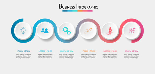Business data 6 steps timeline infographic with icons designed for abstract background. Presentation chart Vector. Template diagram, process technology digital, design for workflow layout.