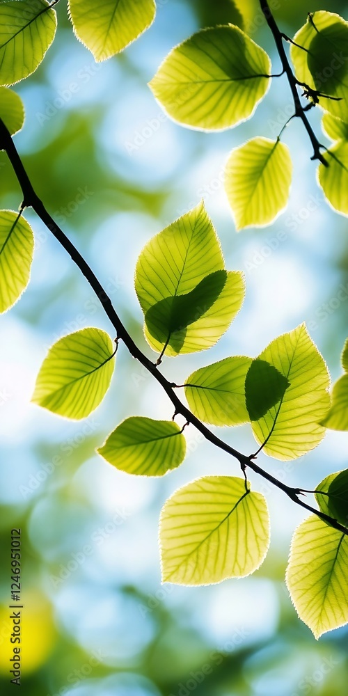 Poster sunlit green leaves on tree branch against a clear blue sky in serene natural setting : generative a