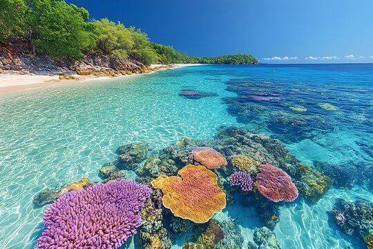Breathtaking Turquoise Lagoon with Vibrant Coral Reef in Tropical Island Paradise