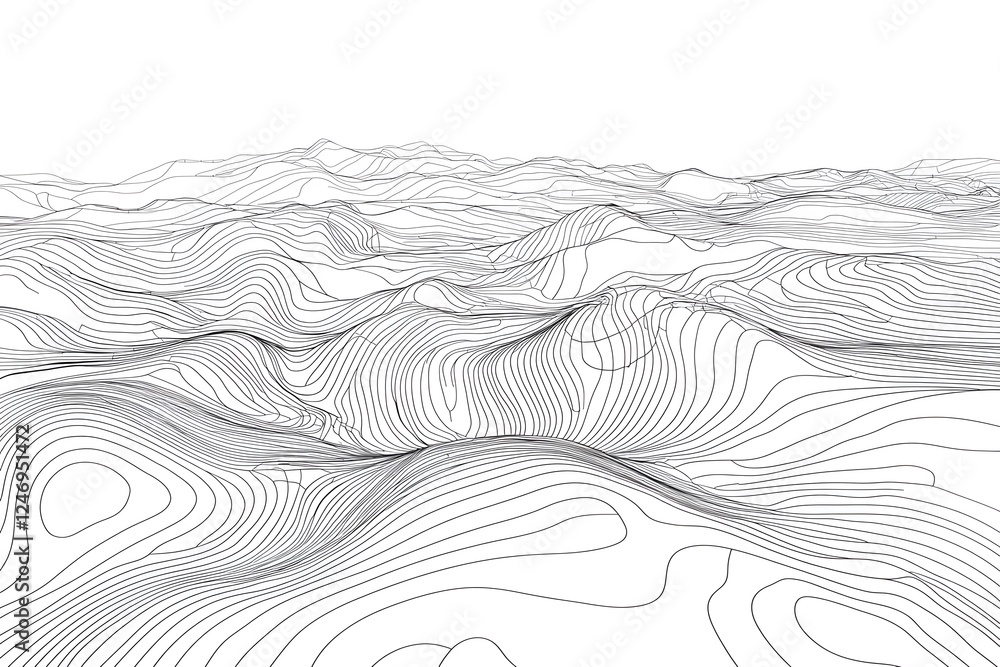 Poster abstract topographic linescape: a minimalist, stylized landscape depicted through flowing contour li
