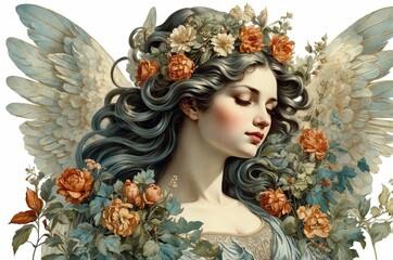 Vintage retro antique angel portrait illustration with colorful botanical flowers on isolated white background, people, culture and religion theme concept texture design.
