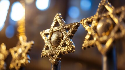 Golden Star of David Symbols with Twinkling Lights in Background for Religious Significance : Generative AI