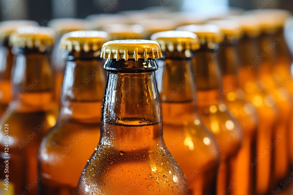 Aufkleber Closeup of Several Brown Bottles in a Row with Focus on Caps Ideal for Brewery Ads : Generative AI