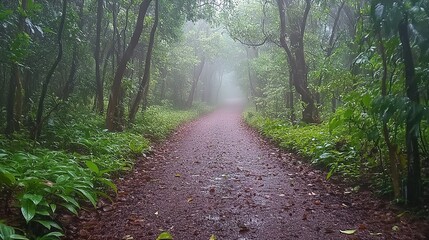 Obraz premium Misty Forest Path Winding Through Lush Green Trees