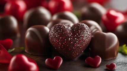 Obraz premium Elegant Chocolate Heart Candies in Red Hues for Romantic Celebrations and Gifting Ideas : Generative AI