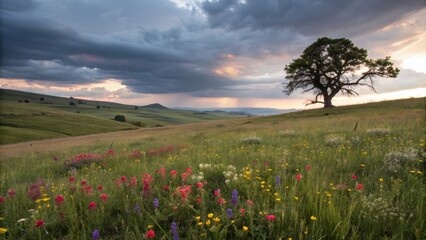 Fototapeta premium Expansive highland meadows dotted with colorful wildflowers under a dramatic sky at dusk, where soft light casts long shadows and a solitary tree stands proudly in the distance