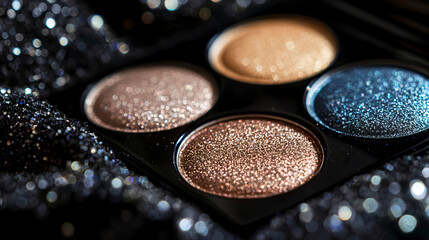 Close up of a colorful eyeshadow palette with various shades and textures for makeup application
