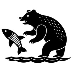 A bear catching fish in a river silhouette vector illustration 