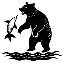 A bear catching fish in a river silhouette vector illustration 