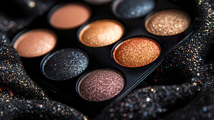 Close up of black and gold makeup palette with various shades and textures for beauty