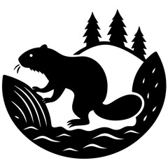 A beaver building a dam in the river silhouette vector illustration 