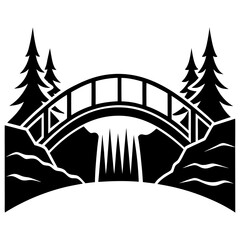 A bridge over a waterfall silhouette vector illustration 