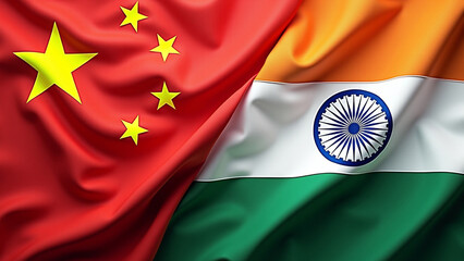 India and china two flags textile cloth together