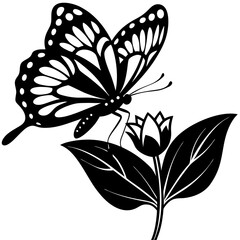 A butterfly landing on a flower  silhouette vector illustration 