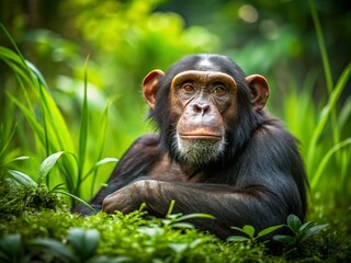 Obraz premium Relaxed Chimpanzee in Lush Jungle Setting - Copy Space