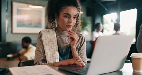 Woman, laptop or thinking in restaurant startup for planning, menu design or budget management. Small business owner, tech or reading in cafe for stock control, invoice payment or shift list schedule