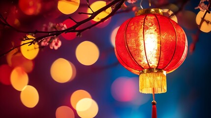 Vibrant Chinese Lanterns Illuminated at Night with Golden Bokeh and Tree Branch Detail : Generative AI