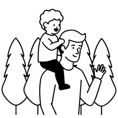 A dad carrying his child on his shoulders in a forest 