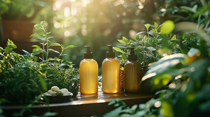 Couple of bottles containing liquid on a wooden table in indoor setting