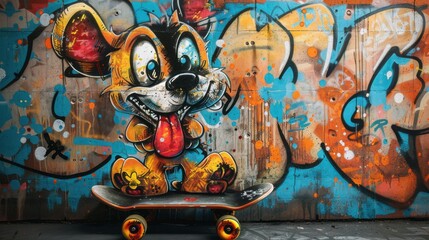 Cartoon dog face with a skateboard, urban background with graffiti
