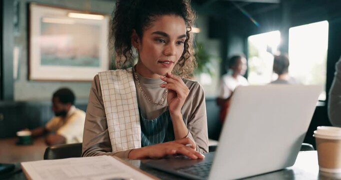 Woman, laptop or thinking in restaurant startup for planning, menu design or budget management. Small business owner, tech or reading in cafe for stock control, invoice payment or shift list schedule