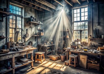 Sunlight streams through dusty windows into a rustic, cluttered workshop filled with vintage tools, wooden benches, and timeless charm, evoking craftsmanship and quiet, forgotten artistry. 