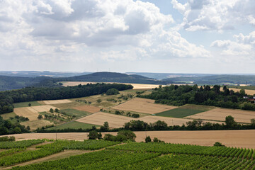 Obraz premium View over fields, vineyards and forests with mountains on the horizon