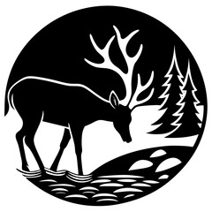 A deer drinking from a river at dusk  silhouette vector illustration 