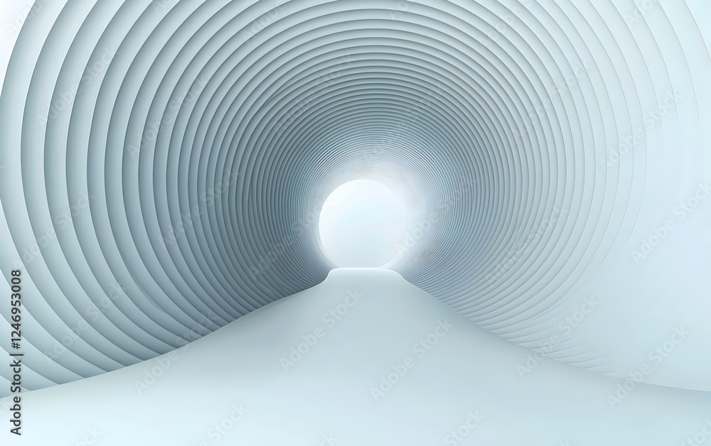Poster an abstract, futuristic tunnel that features soft curves and a smooth pathway leading to a bright, l