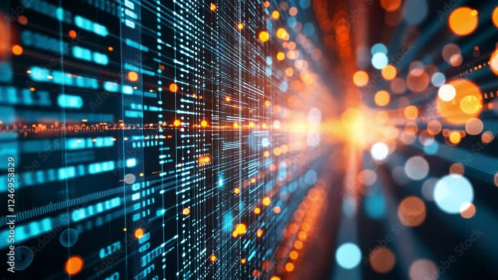 Poster digital data stream: an abstract visualization of a futuristic data stream, showcasing vibrant strea
